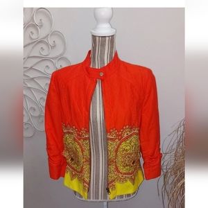 Anthracite Womens Light Jacket Blazer Boho Print Orange Ruched 3/4 Sleeves L
